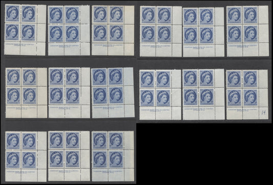 Lot 23 Canada #341 5c Bright Blue, 1954 Queen Elizabeth 2 - Wilding Portrait Issue, 15 F-VF NH LR Plates 8-13 Blocks Of 4 All DF Paper, With Various Ribbed & Smooth Papers And Shades