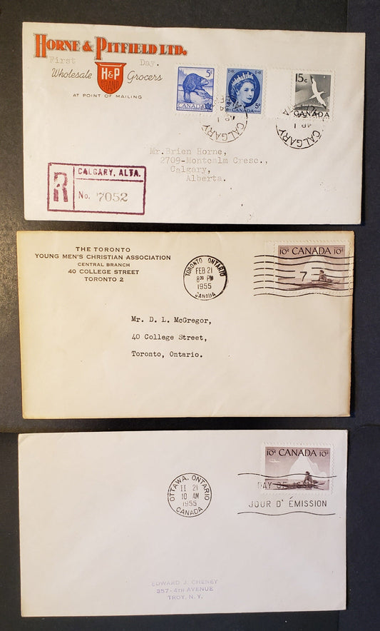 Canada #335-336, 341, 351 4c-10c Gray - Violet Brown Various Designs 1954-1962 Wilding & Eskimo Hunter Issue, 3 , First Day Covers Franked With Singles, Addressed & Registered, Cat. Value $19