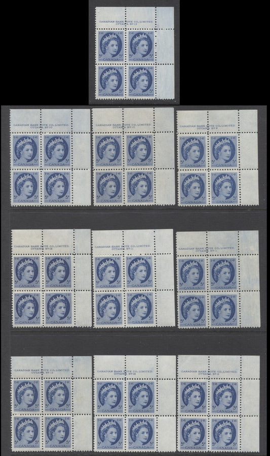 Lot 91 Canada #341 5c Bright Blue, 1954 Queen Elizabeth 2 - Wilding Portrait Issue, 10 F-VF NH UR Plates 8-13 Blocks Of 4 All DF Paper, With Various Ribbed & Smooth Papers And Shades