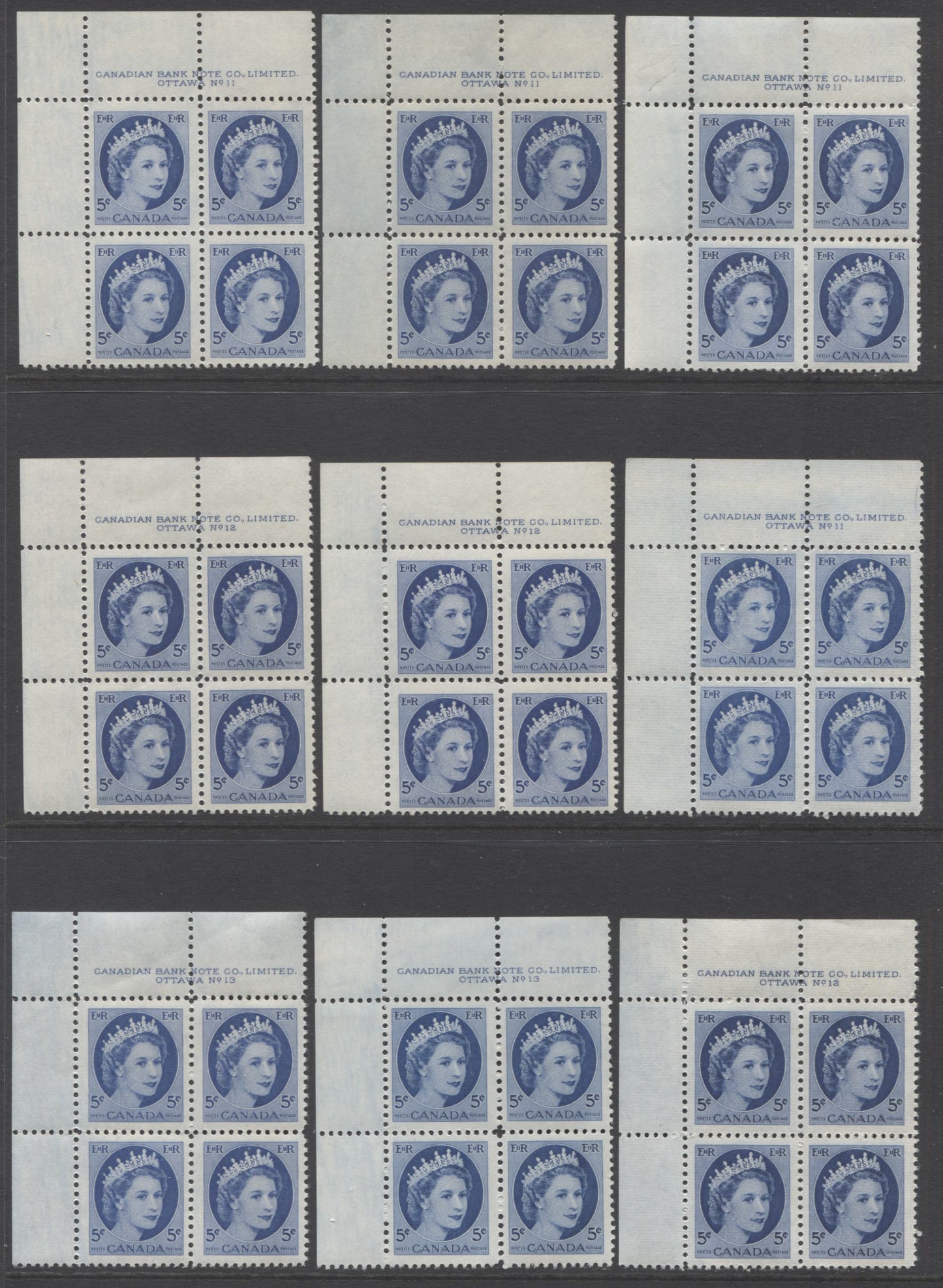 Lot 92 Canada #341 5c Bright Blue, 1954 Queen Elizabeth 2 - Wilding Portrait Issue, 17 F-VF NH UL Plates 8-13 Blocks Of 4 All DF Paper, With Various Ribbed & Smooth Papers And Shades