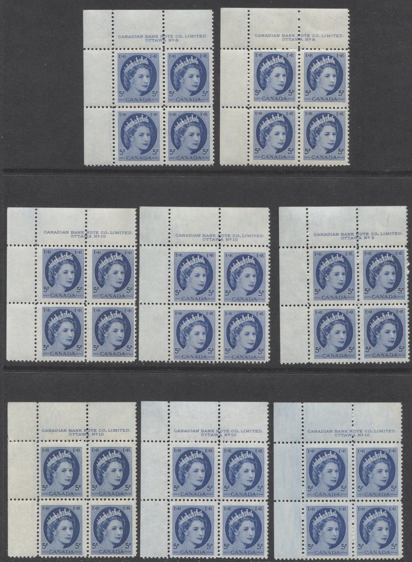 Lot 92 Canada #341 5c Bright Blue, 1954 Queen Elizabeth 2 - Wilding Portrait Issue, 17 F-VF NH UL Plates 8-13 Blocks Of 4 All DF Paper, With Various Ribbed & Smooth Papers And Shades