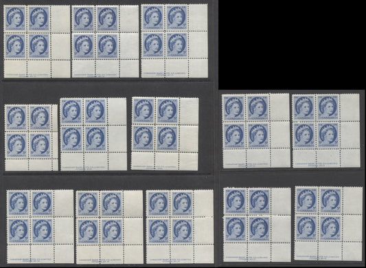 Lot 95 Canada #341i 5c Bright Blue Queen Elizabeth II, 1954 Wilding Definitives, 13 VFNH/LH LR Plates 15-19 & Blank Blocks Of 4 With Different NF Papers