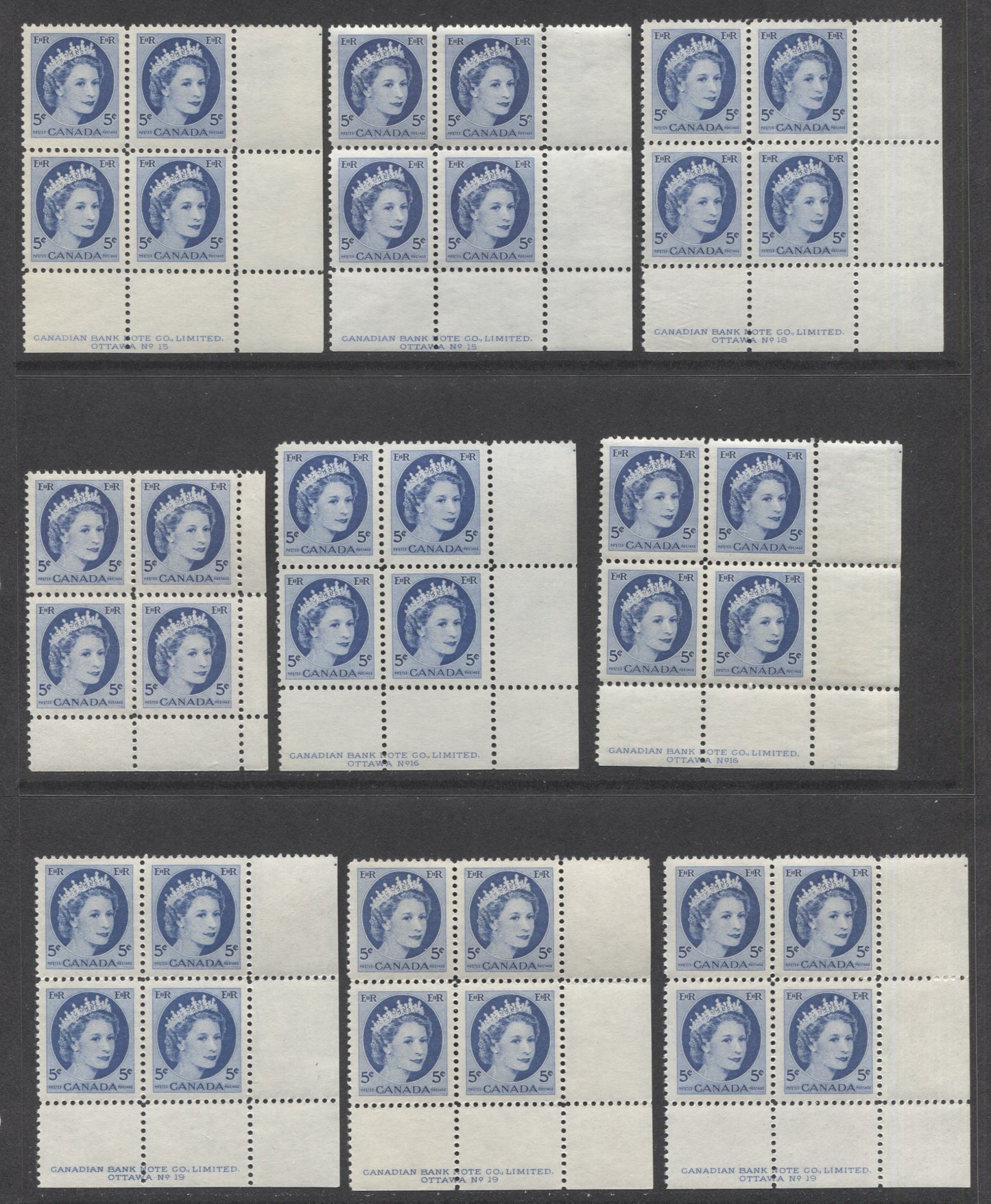 Lot 95 Canada #341i 5c Bright Blue Queen Elizabeth II, 1954 Wilding Definitives, 13 VFNH/LH LR Plates 15-19 & Blank Blocks Of 4 With Different NF Papers