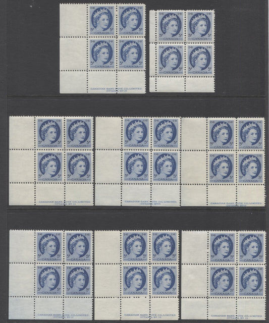 Lot 96 Canada #341i 5c Bright Blue Queen Elizabeth II, 1954 Wilding Definitives, 8 VFNH/LH LL Plates 15-19 & Blank Blocks Of 4 With Different NF Papers