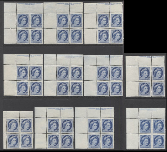 Lot 97 Canada #341i 5c Bright Blue Queen Elizabeth II, 1954 Wilding Definitives, 11 VFNH UL Plates 15-19 & Blank Blocks Of 4 With Different NF Papers