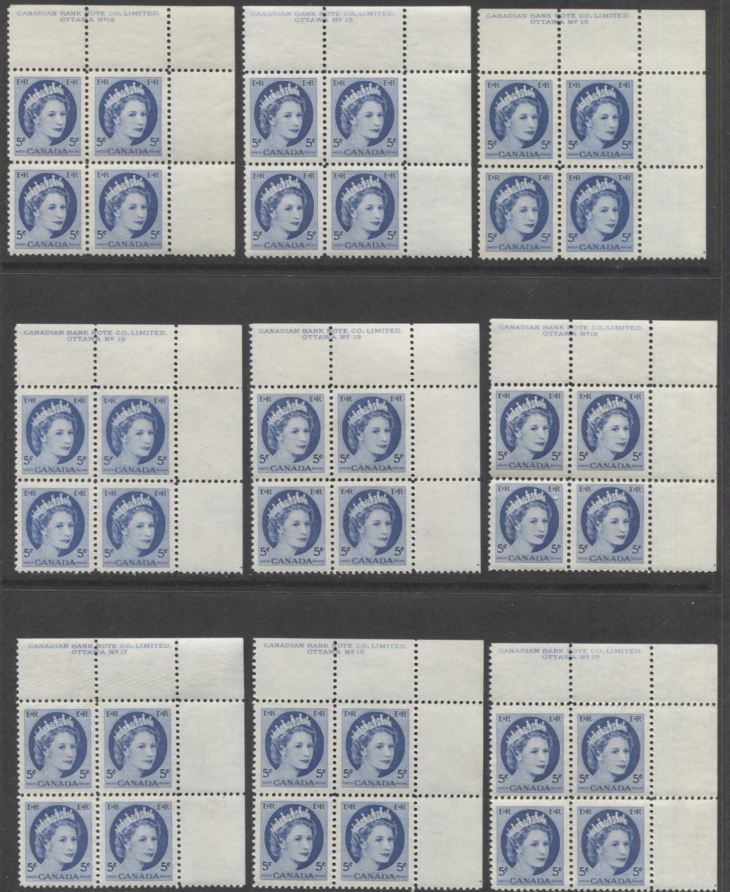 Lot 98 Canada #341i 5c Bright Blue Queen Elizabeth II, 1954 Wilding Definitives, 9 VFNH UR Plates 15-19 Blocks Of 4 With Different NF Papers & Most With Plate Dot At Selvedge At LR