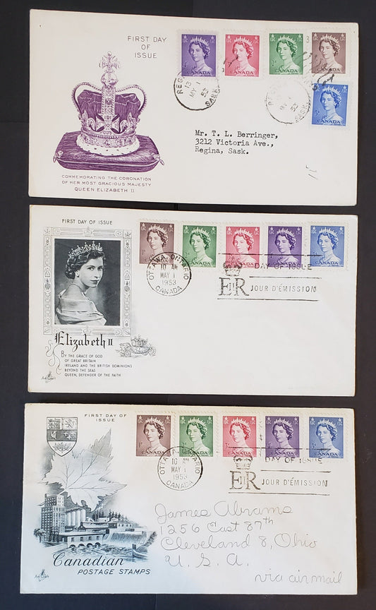 Lot 10 Canada #325-329 1c-5c Violet Brown-Ultramarine Queen Elizabeth II 1953 Karsh Issue, 3 Artcraft A & E Cachets Plus Unknown Type First Day Covers Franked With Combination Singles, All Addressed, Cat. Value $42