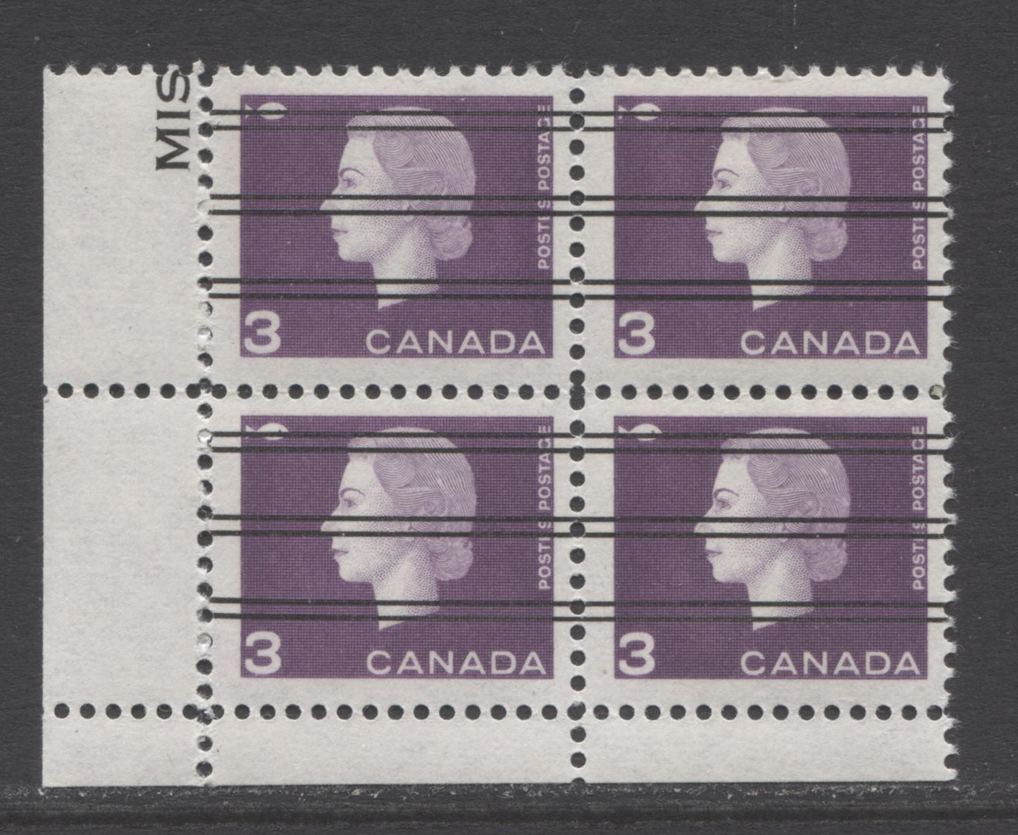 Lot 104 Canada #403xxvar 3c Dark Purple Fishing Industry, 1962-1963 Cameo Issue, A VFNH LL Precancelled Field Stock Block Of 4 On Unlisted Fluorescent Paper
