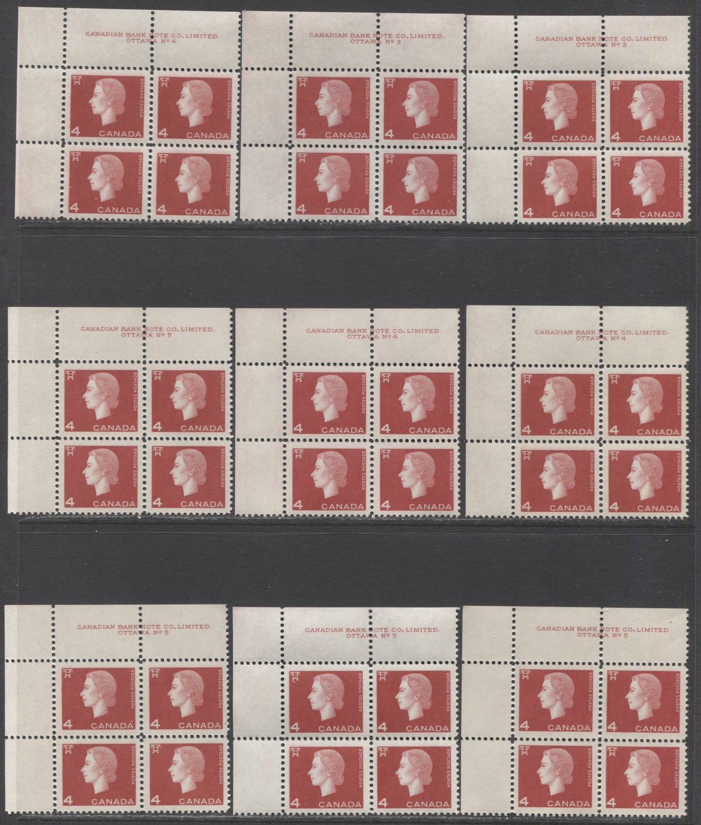 Lot 108 Canada #404 4c Carmine Electricity, 1962-1963 Cameo Issue, 16 VFNH UL Plates 1-5 Blocks Of 4 With Shade & Gum Varieties