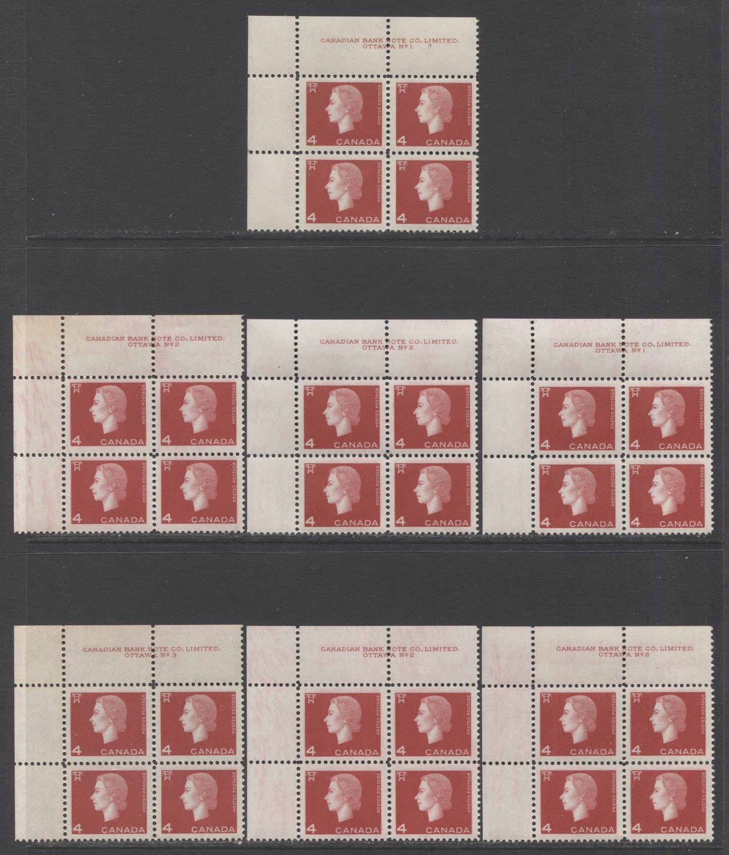 Lot 108 Canada #404 4c Carmine Electricity, 1962-1963 Cameo Issue, 16 VFNH UL Plates 1-5 Blocks Of 4 With Shade & Gum Varieties