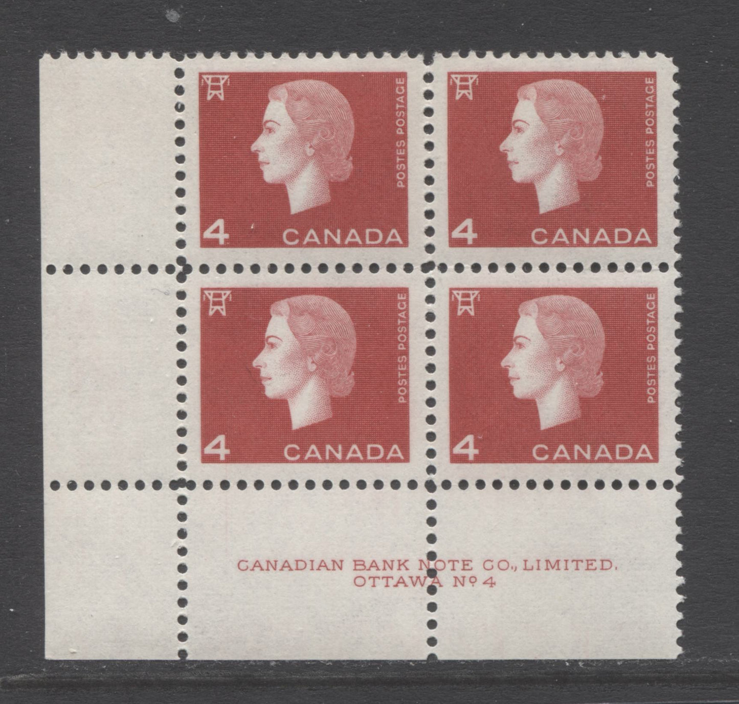Lot 113 Canada #404ii 4c Carmine Electricity, 1962-1963 Cameo Issue, A VFNH LL Plate 4 Block Of 4 On Fluorescent Paper With Dex Gum