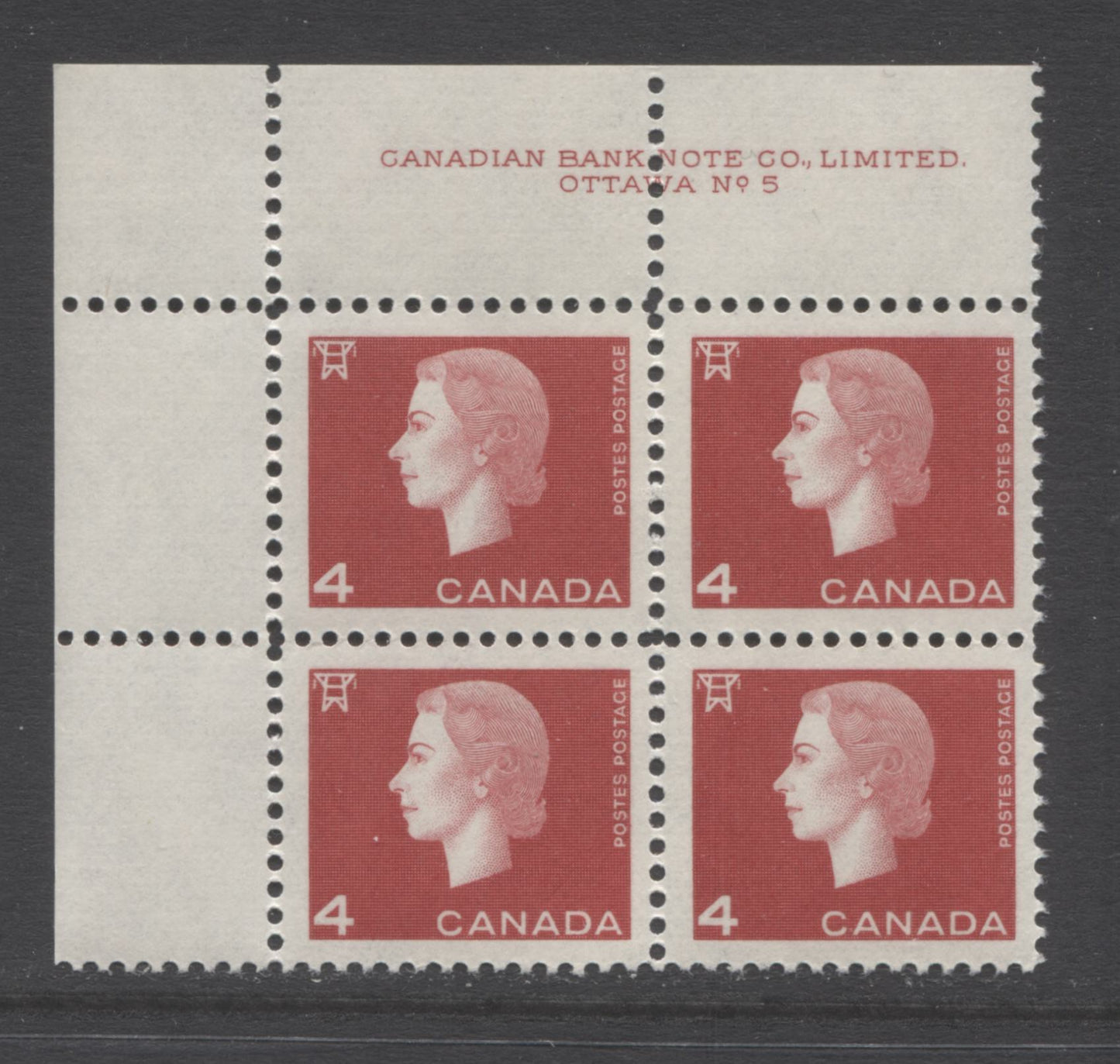 Lot 114 Canada #404ii 4c Carmine Electricity, 1962-1963 Cameo Issue, A VFNH UL Plate 5 Block Of 4 On Fluorescent Paper With Streaky Dex Gum