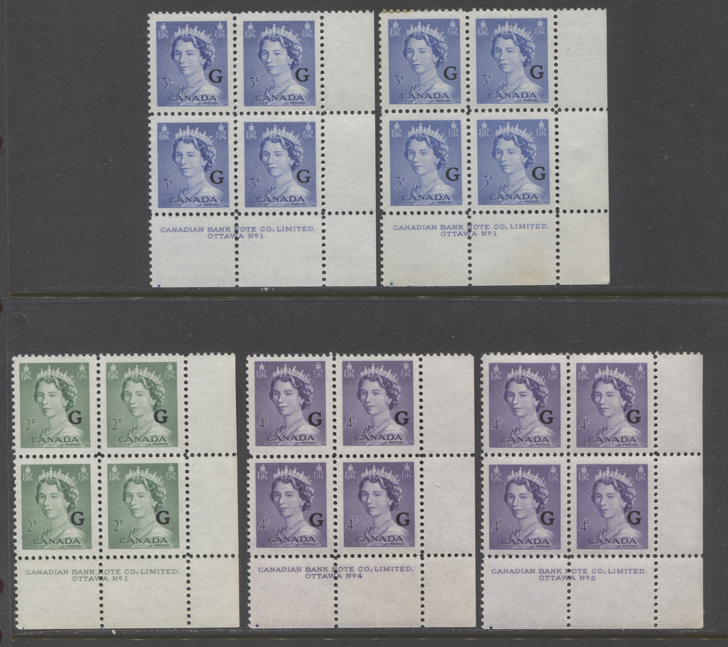 Lot 13 Canada #O34, O36-O37 2c/5c Green/Ultramarine Queen Elizabeth II, 1953 Karsh Issue G Overprint, 5 VFNH LR Plates 1,2 & 4 Blocks Of 4 On Horizontal Ribbed & Smooth Papers With Plate Dots In Selvedge At LL, Some Shade Variety