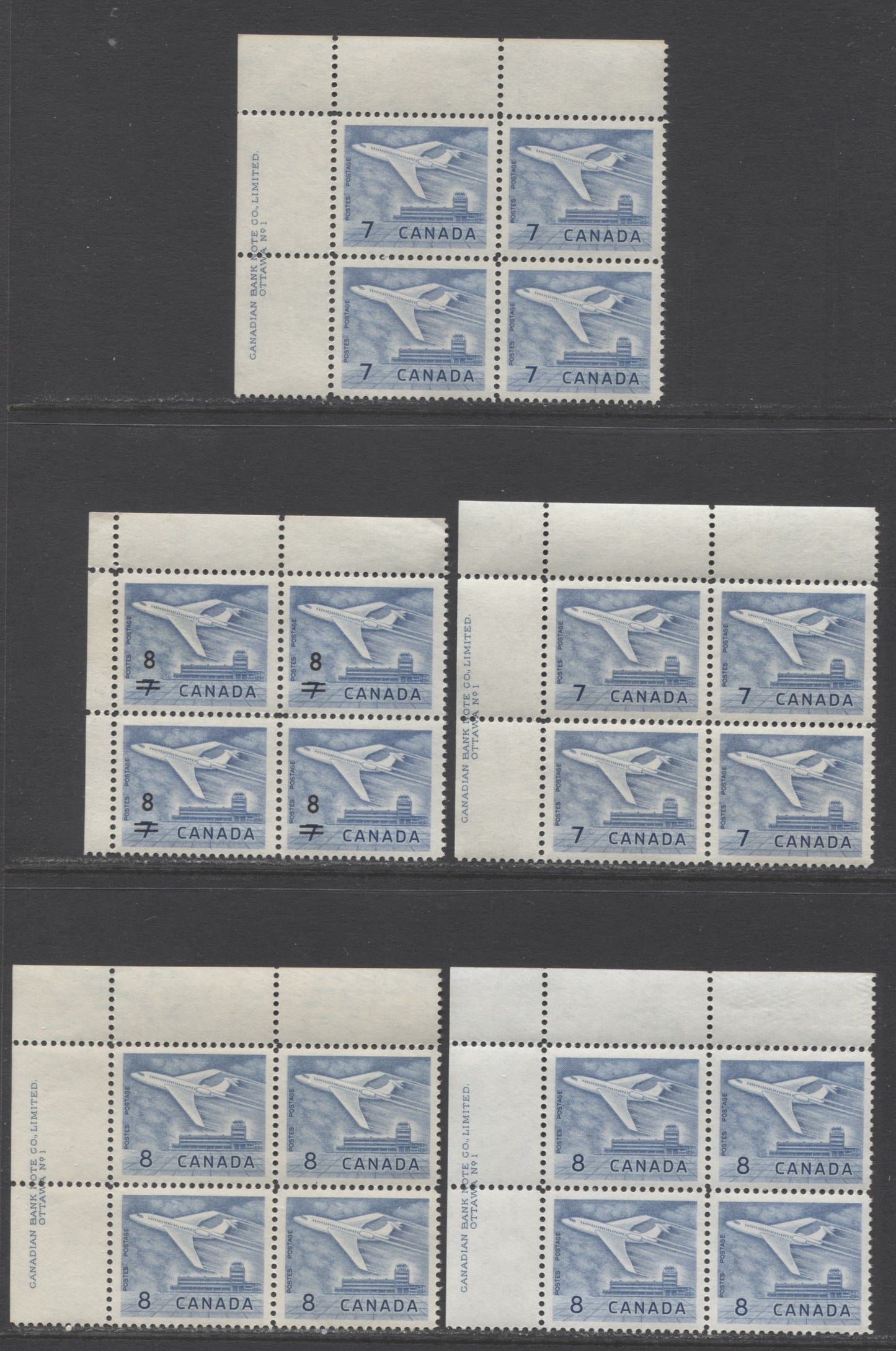 Lot 146 Canada #414, 430, 436,i 7c, 8c on 7c & 8c Blue Jet Plane, 1964 Jet Definitives & Overprint Issues, 5 VFNH UL Plate 1 & Field Stock Blocks Of 4 With Paper, Shade & Gum Varieties