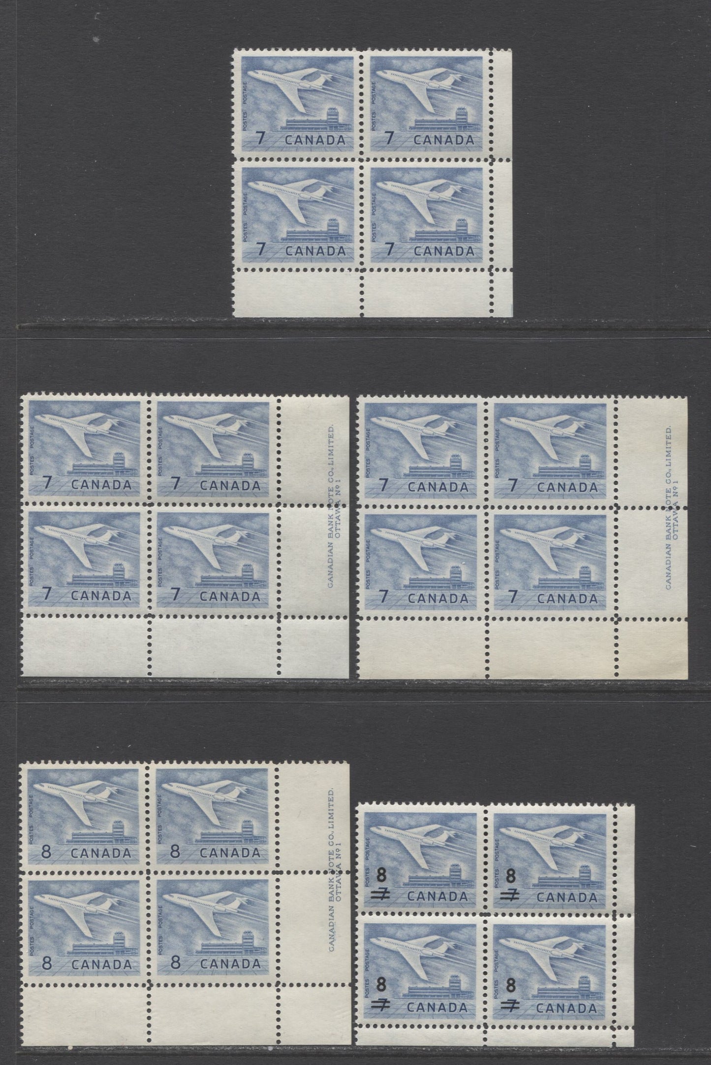 Lot 148 Canada #414, 430, 436 7c, 8c on 7c & 8c Blue Jet Plane, 1964 Jet Definitives & Overprint Issues, 5 VFNH LR Plate 1 & Field Stock Blocks Of 4 With Paper, Shade & Gum Varieties