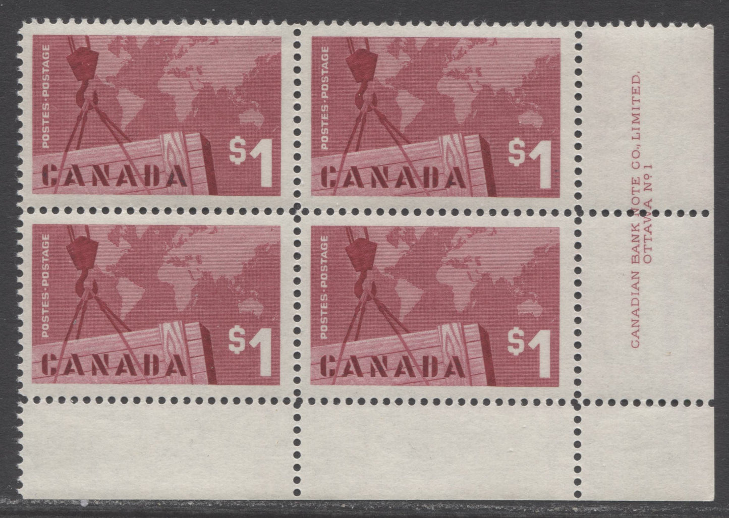 Lot 153 Canada #411 $1 Carmine Lake Crane & Map, 1963 Canadian Exports Issue, A VFNH LR Plate 1 Block Of 4 On Smooth Paper With Streaky Satin Gum