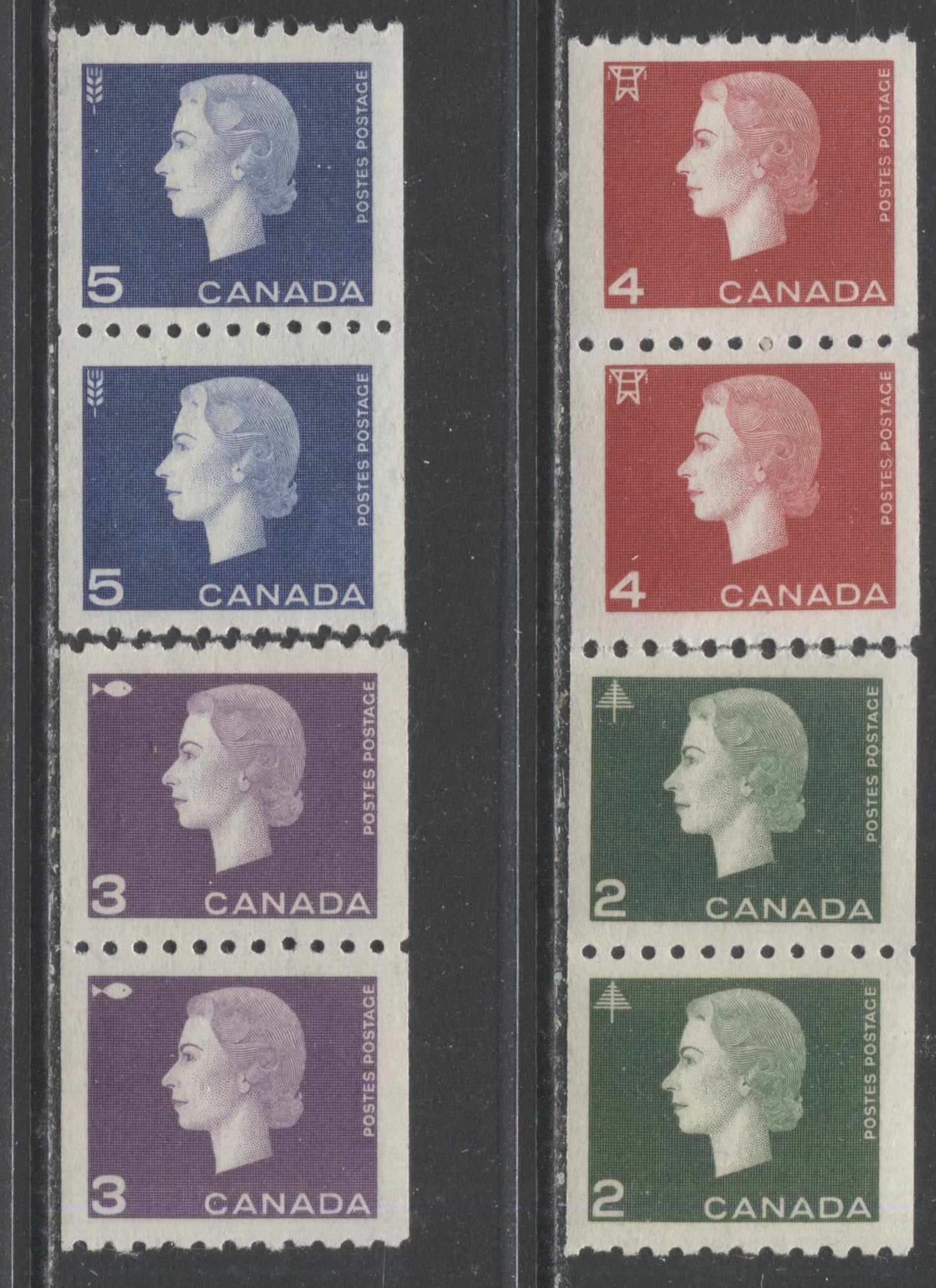 Lot 180 Canada #406-409 2c-5c Green-Violet Blue Forestry-Agriculture, 1962-1963 Cameo Coil Issue, 4 VFNH Coil Pairs