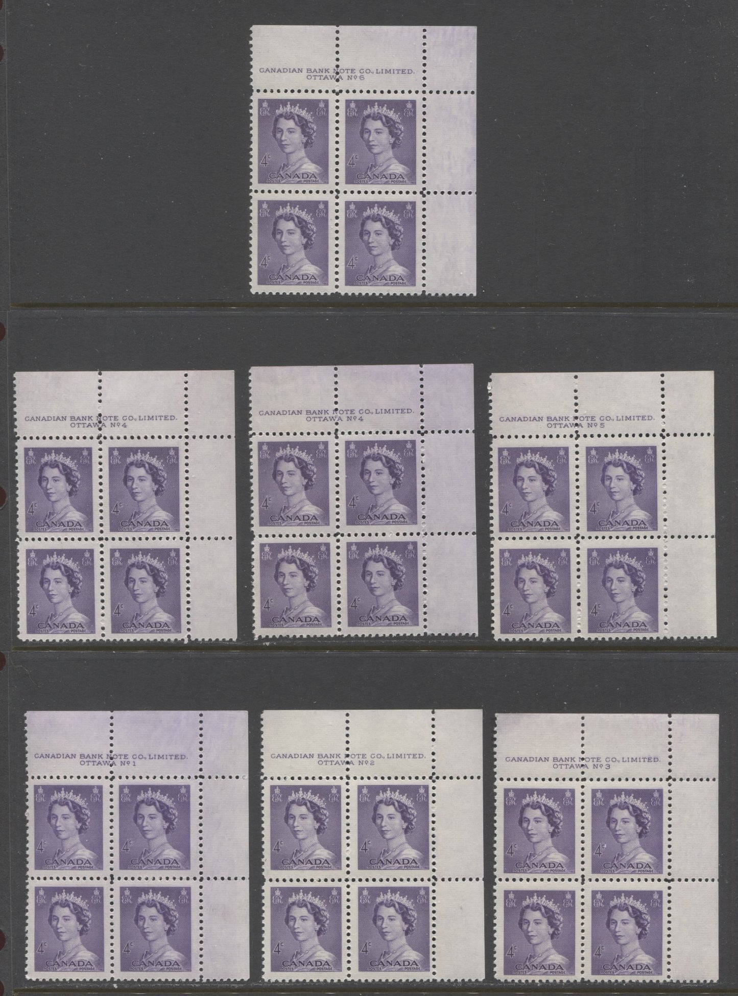 Lot 18 Canada #328 4c Violet Queen Elizabeth II, 1953 Karsh Issue, 7 F/VFNH UR Plates 1-6 Blocks Of 4 On Horizontal Ribbed Papers With Various Shades