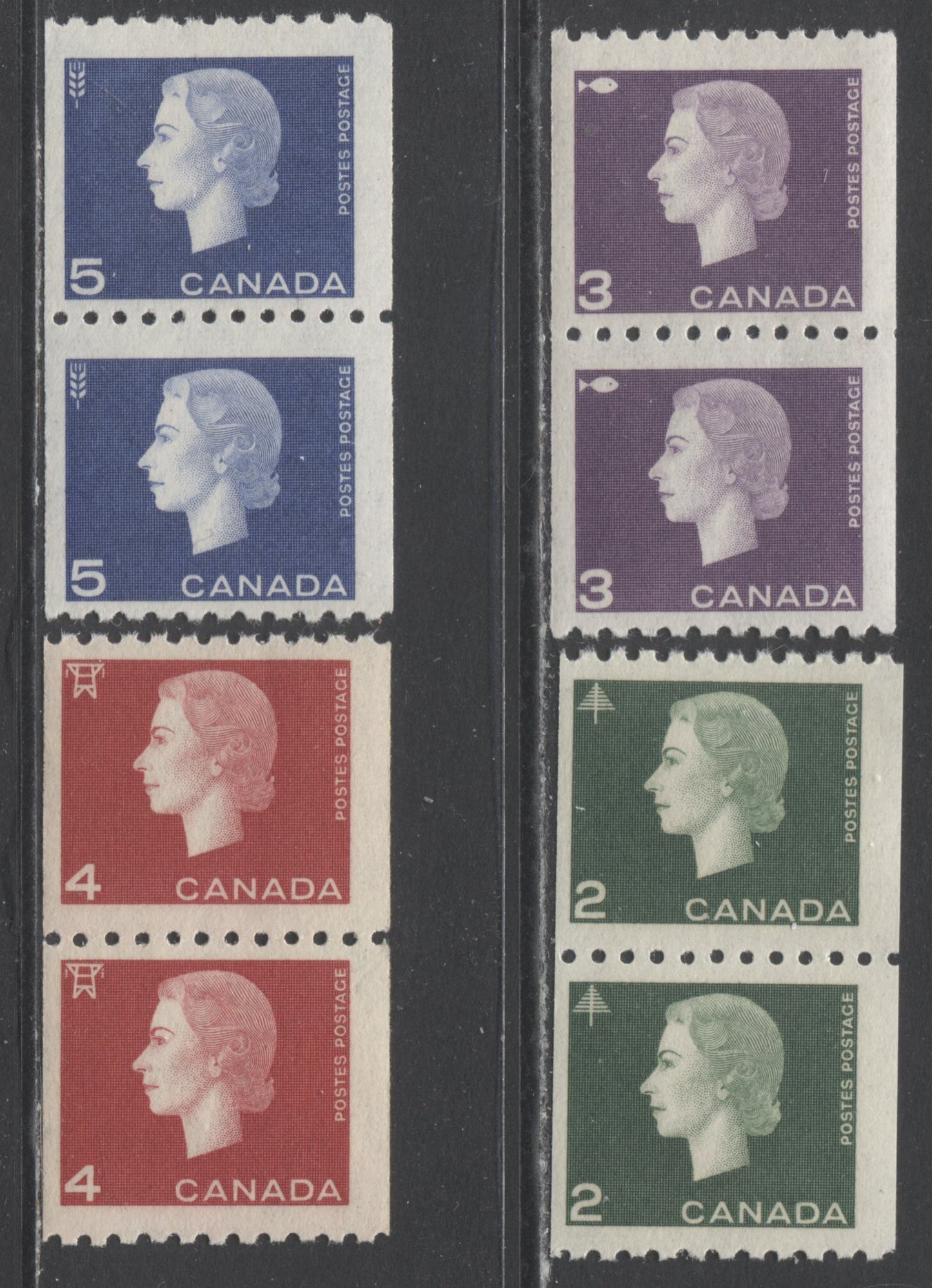 Lot 16 Canada #406-409 2c-5c Green-Violet Blue Forestry-Agriculture, 1962-1963 Cameo Coil Issue, 4 FNH Coil Pairs