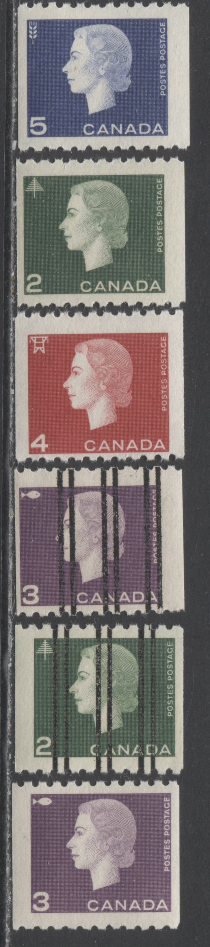 Lot 183 Canada #406-409, 406xx-407xx 2c-5c Green-Violet Blue Forestry-Agriculture, 1962-1963 Cameo Coil Issue, 6 FNH Precancelled & Coil Singles