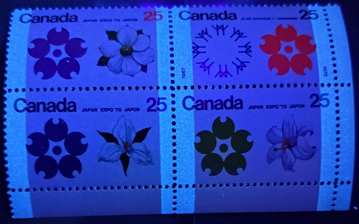 Lot 25 Canada #511b 25c Multicoloured Flowers, 1970 Expo '70 Issue, A VFNH LR Block Of 4 W2B NF Face, Bluish White Tagging With 5-6 Seconds After Glow, Streaky Dex Gum