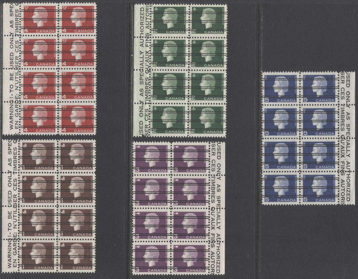 Lot 184 Canada #401xx-405xx 1c-5c Brown - Violet Blue Crystals/Agriculture, 1962-1963 Cameo Issue, 5 VFNH Precancelled Partial Warning Strips Of 8 From The Left & Right Sides Of The Sheet