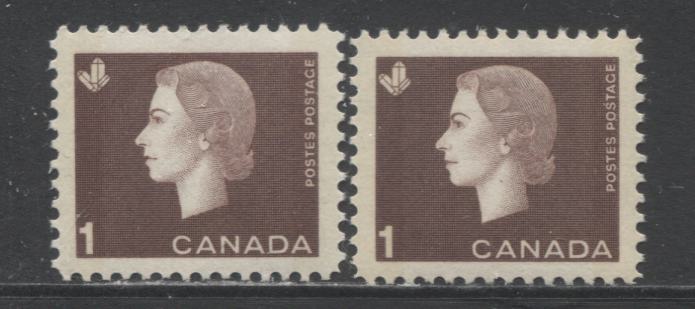 Lot 185 Canada #401ii 1c Brown Crystals, 1962-1963 Cameo Issue, 2 VFNH W2B Tagged Singles On Fluorescent Paper and DF Paper With Normal Tagging, Very Pale Under Shortwave UV