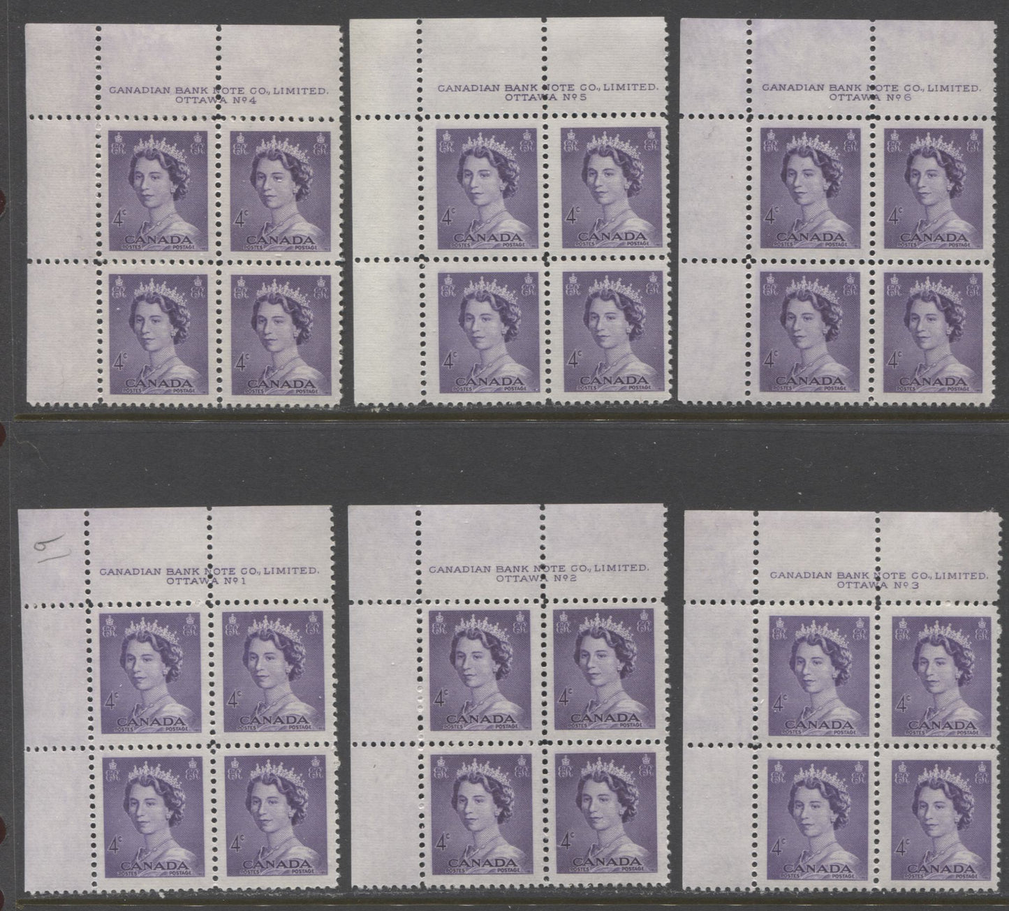 Lot 19 Canada #328 4c Violet Queen Elizabeth II, 1953 Karsh Issue, 6 F/VFNH UL Plates 1-6 Blocks Of 4 On Horizontal Ribbed & Smooth Papers With Various Shades