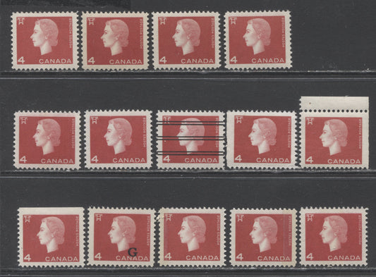 Canada #404/O48 4c Carmine Electricity, 1962-1963 Cameo Issue, 14 VFNH Sheet, Booklet and Miniature Pane Singles With Various Papers, Tagging, Shades & Gums, Including the G Overprint