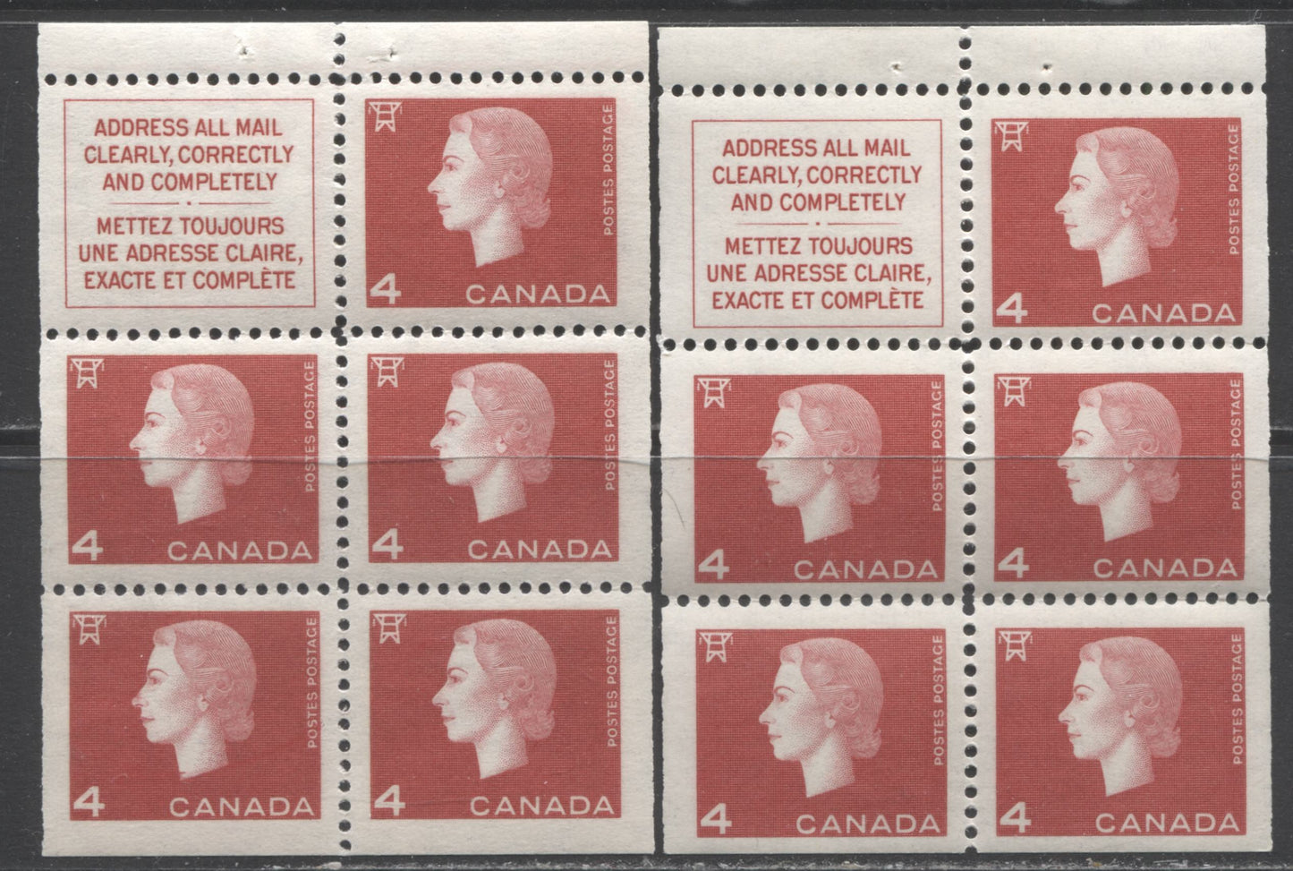 Lot 196 Canada #404a 4c Carmine Electricity, 1962-1963 Cameo Issue, 2 VFNH Booklet Panes Of 5 + Label On LF-fl & DF Papers With Smooth Dex