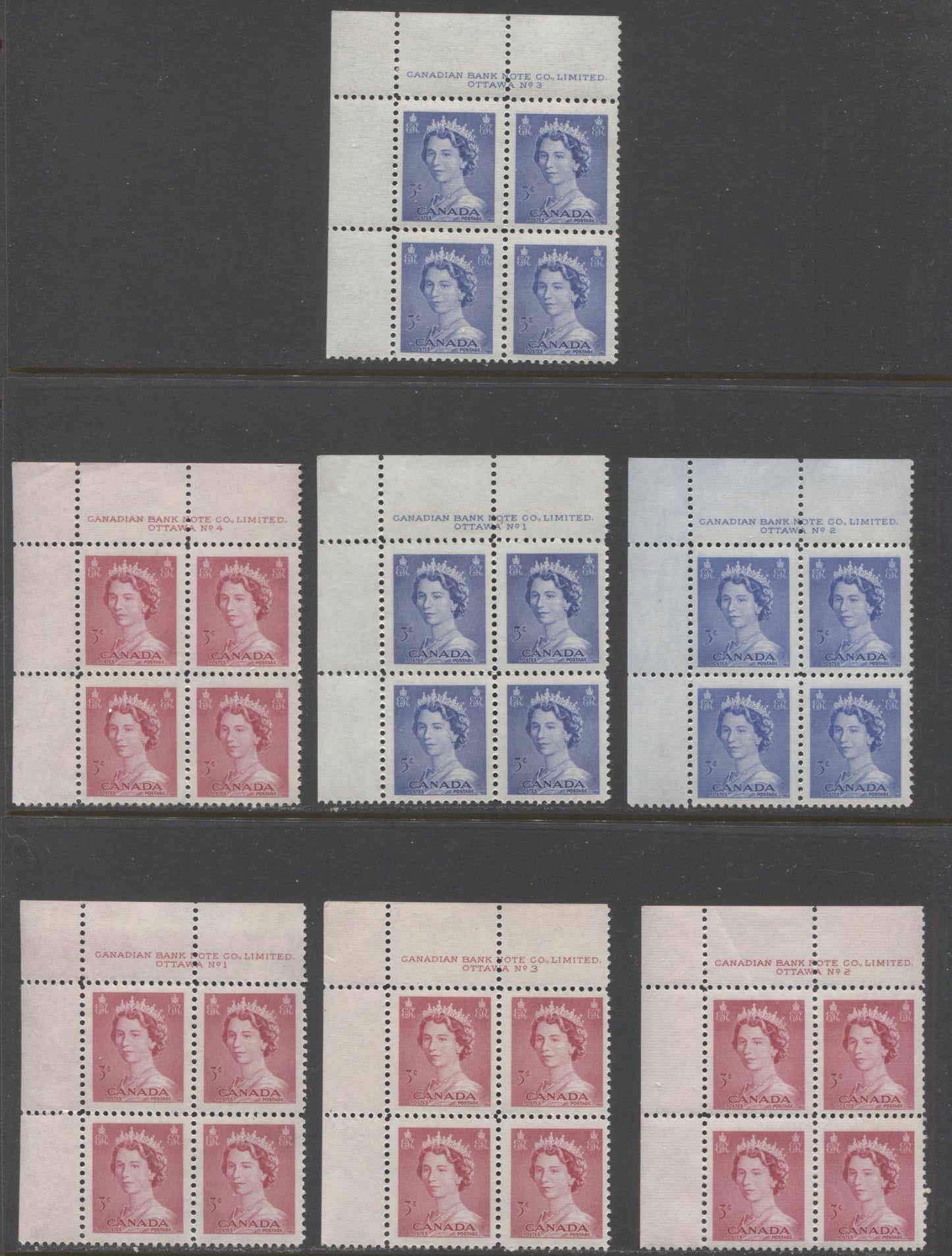 Lot 20 Canada #327, 329 3c & 5c Carmine Rose & Ultramarine Queen Elizabeth II, 1953 Karsh Issue, 7 F/VFNH UL Plates 1-4 Blocks Of 4 On Horizontal Ribbed Papers