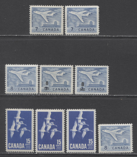 Canada #414-415, 430, 436 7c-15c Blue-Ultramarine Jet Plane & Canada Goose, 1963-1964 Jet Definitives & Overprints, 9 VFNH Singles With Various Papers And Shades