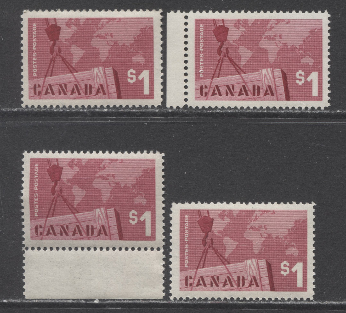 Lot 17 Canada #411 $1 Rose Carmine Crane & Map, 1963 Canadian Exports Issue, 4 VFNH Singles With Different Shades, Gums & Paper