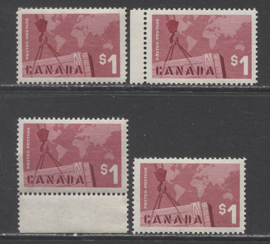 Lot 17 Canada #411 $1 Rose Carmine Crane & Map, 1963 Canadian Exports Issue, 4 VFNH Singles With Different Shades, Gums & Paper