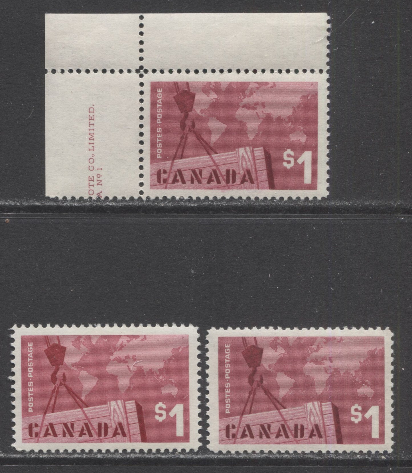 Lot 208 Canada #411 $1 Carmine Lake, Deep Carmine Lake & Carmine Rose Crane & Map, 1963 Canadian Exports Issue, 3 VFNH Singles With Different Varieties Than Lot #207