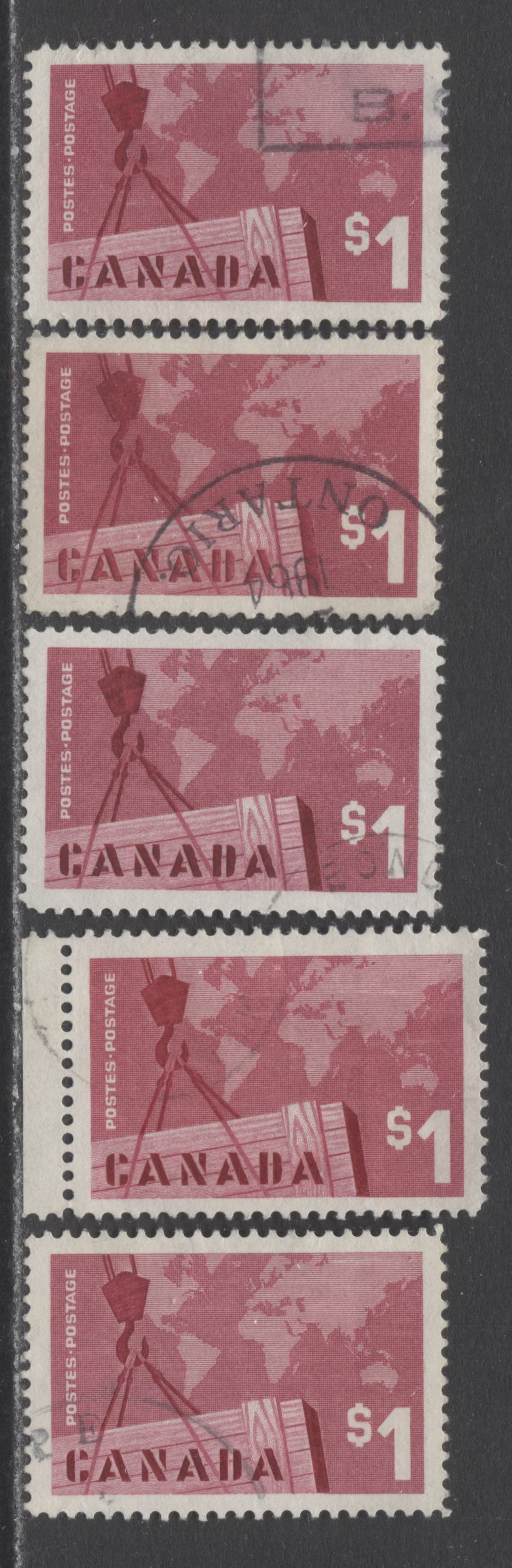 Lot 209 Canada #411,i $1 Rose Carmine Crane & Map, 1963 Canadian Exports Issue, 5 Very Fine Used Singles On DF & LF Vertical Ribbed Papers With Various Shades