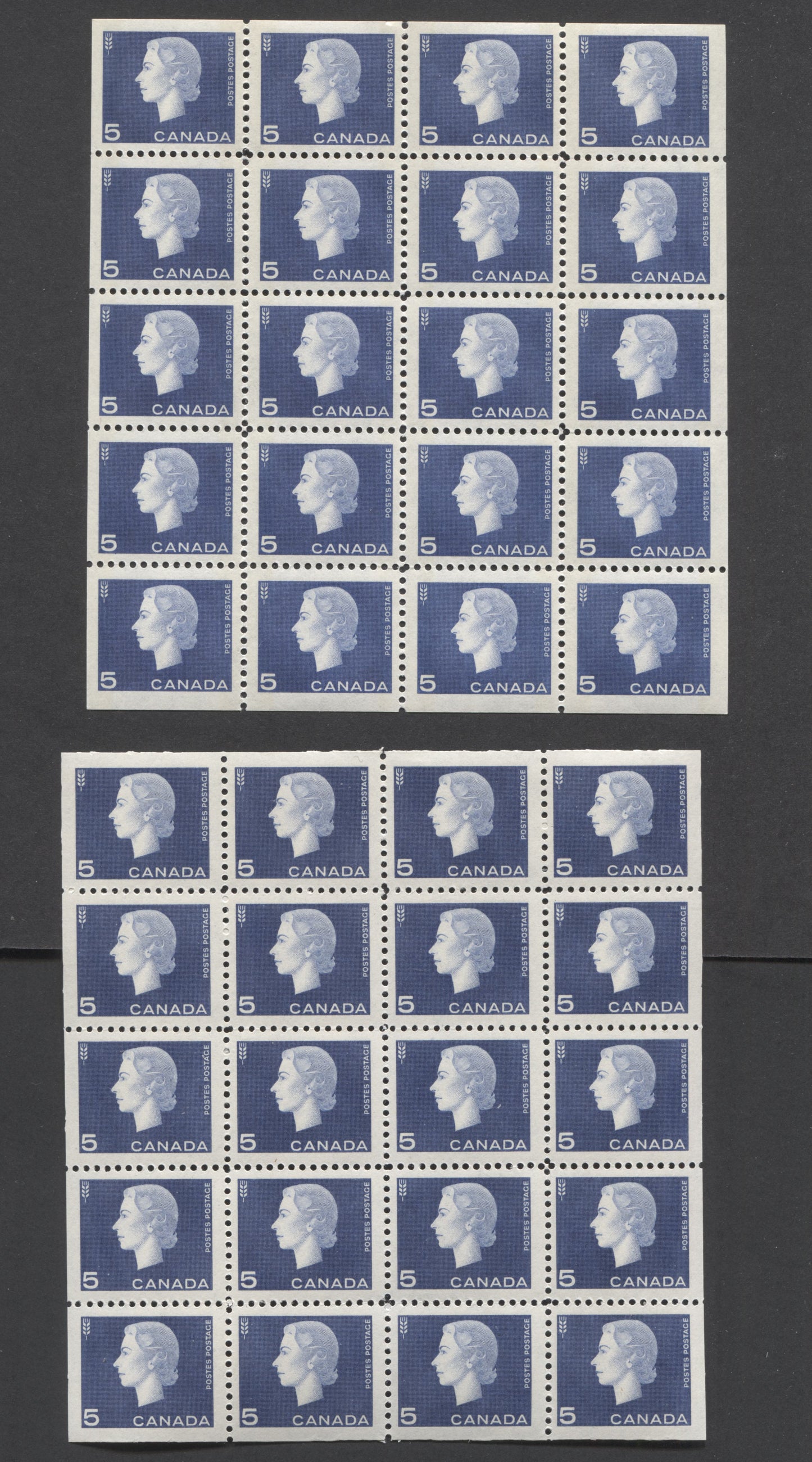 Lot 216 Canada #405b,q 5c Violet Blue Agriculture, 1962-1963 Cameo Issue, 2 VFNH Tagged & Untagged Cello Paper Panes Of 25 Untagged Pane Is Lightly Folded In One Direction, Tagged Pane Has Plae Bluish White Tagging Under Shortwave UV