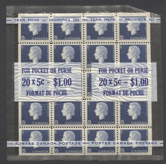 Lot 5 Canada #405qi 5c Deep Ultramarine Agriculture, 1962-1963 Cameo Issue, A VFNH Tagged Cello Paq Panes Of 20 On DF Paper With Streaky Dex Gum And Blue Instructions On White Background