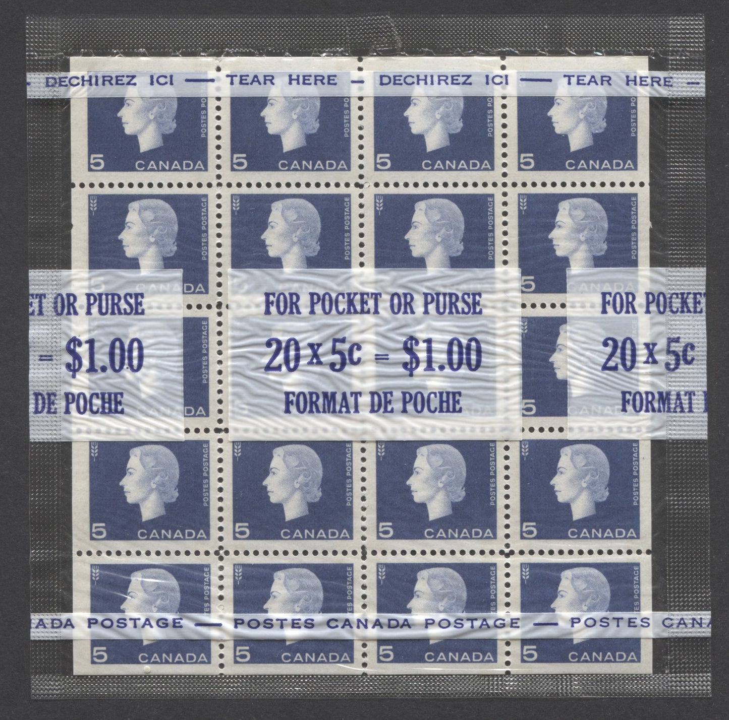 Lot 218 Canada #405qivar 5c Bright Ultramarine Agriculture, 1962-1963 Cameo Issue, A VFNH Winnipeg Tagged Cello Paq Pane Of 20 On Unlisted Low Fluorescent Paper With Smooth Dex