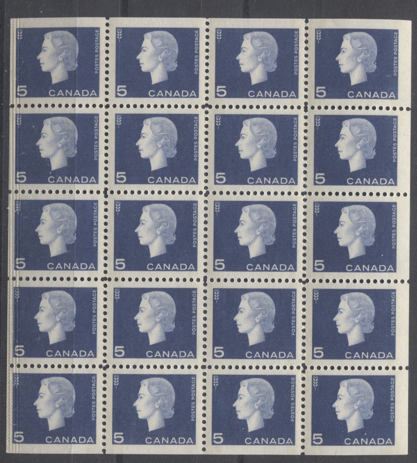 Lot 219 Canada #405q 5c Violet Blue Agriculture, 1962-1963 Cameo Issue, A VFNH Winnipeg Tagged Cello Paq Pane Of 20 With Left Stamps Showing Crimping From The Sealing Of The Pack, Very Light Bluish White Under Shortwave UV
