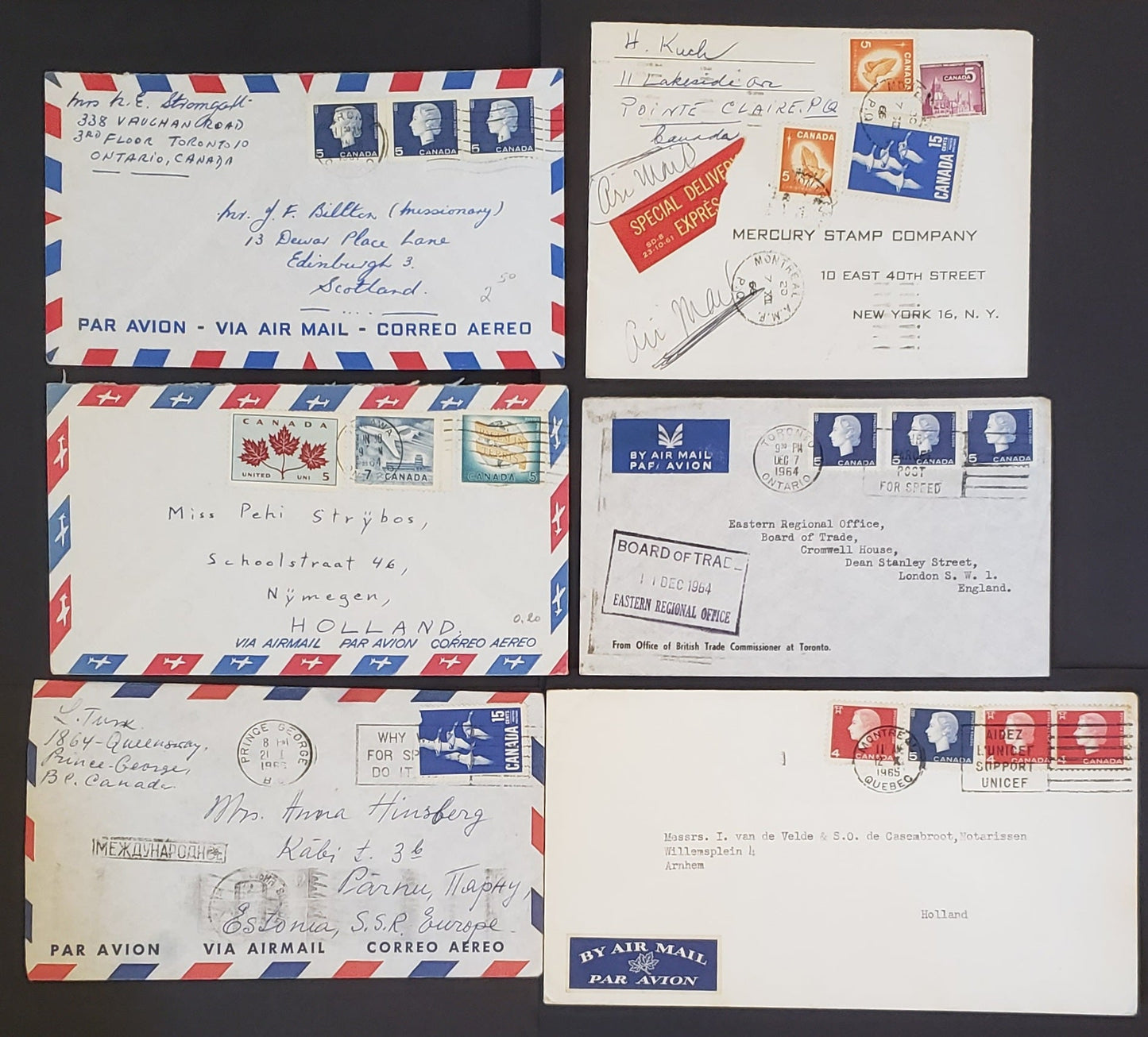 Lot 250 Canada #404-405as, 414-415 4c-15c Carmine-Ultramarine Queen Elizabeth II, Jet Plane & Canadian Geese 1962-1964 Cameo & Jet Definitives, 6 Commercial Covers Franked With Combination Singles, All Airmail Rates, Cat. Value $20