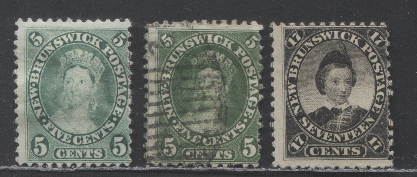 Lot 251 New Brunswick #8a, 8b & 11 5c & 17c Blue Green, Olive Green & Black Queen Victoria & Prince Of Wales, 1860 First Cents Issue, 3 Fair/Fine Used & Unused Singles With Perfs 12 x 12.1 & 11.75