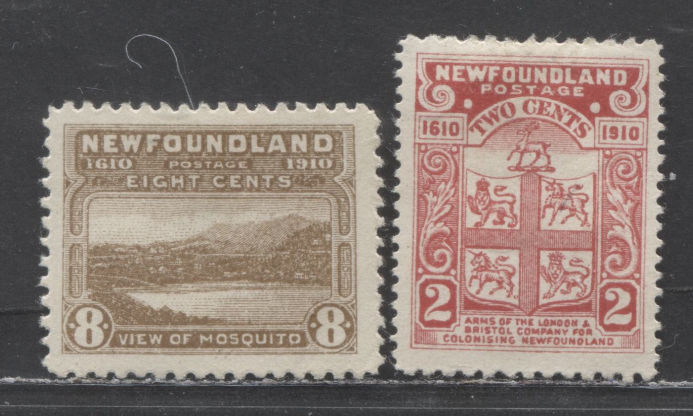 Lot 269 Newfoundland #88a, 93 2c & 8c Carmine & Pale Brown Coat Of Arms & View Of Mosquito, 1910 John Guy Issue, 2 VFOG Singles With Perfs 12 x 14 & 11