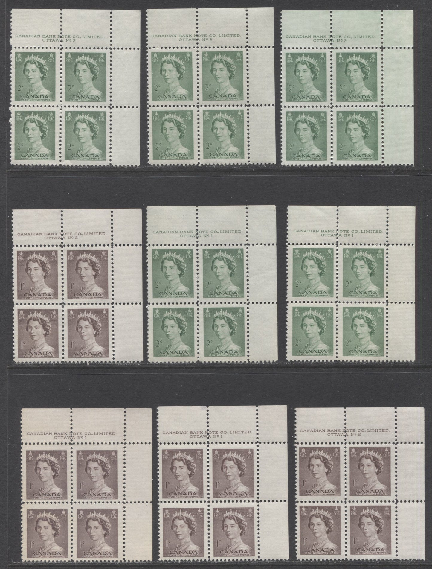 Lot 28 Canada #325-326 1c-2c Violet Brown-Green Queen Elizabeth II, 1953 Karsh Issue, 15 VFNH UR Plates 1-6 Blocks Of 4 On Horizontal Wove Papers With Additional Shades