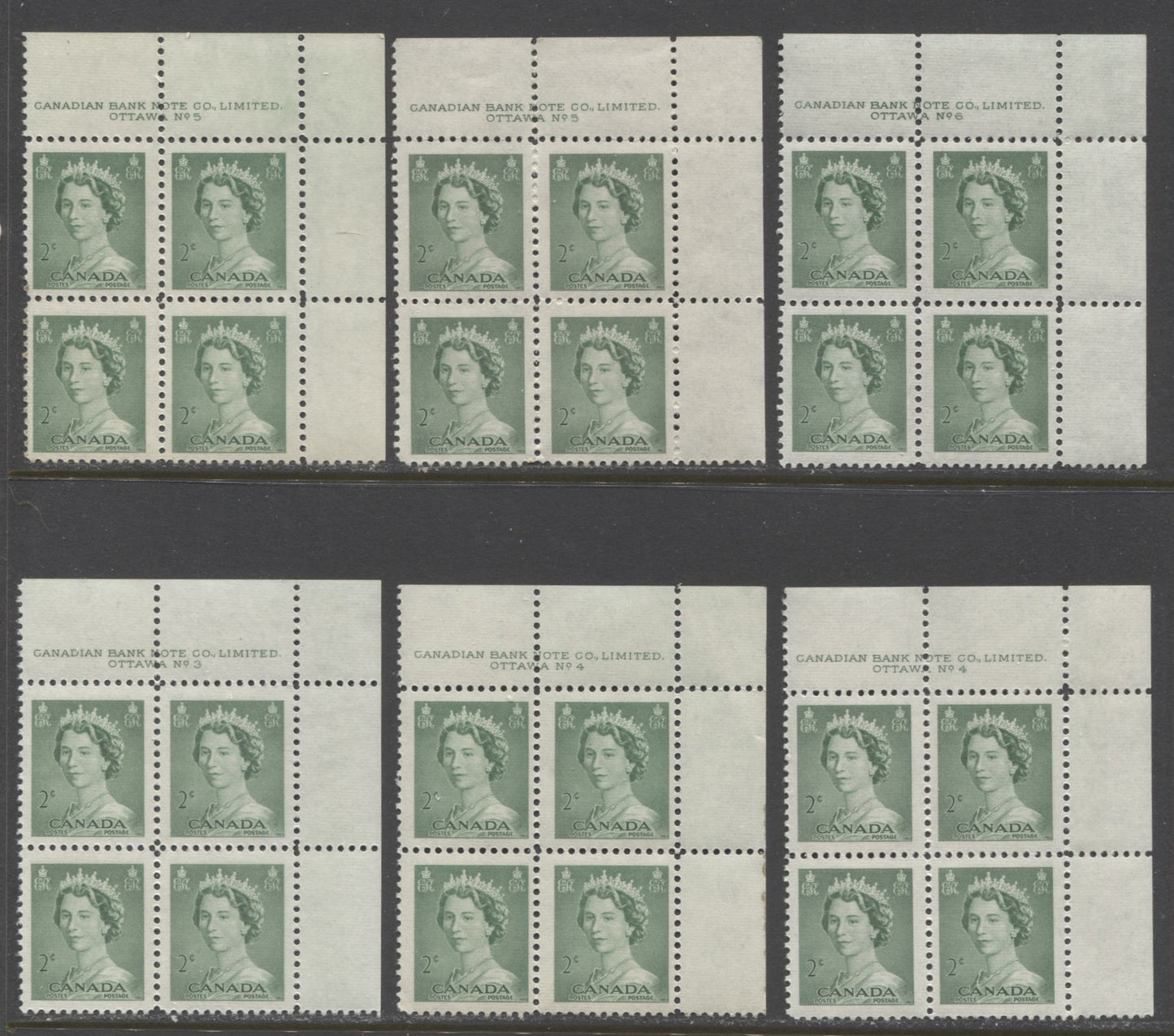Lot 28 Canada #325-326 1c-2c Violet Brown-Green Queen Elizabeth II, 1953 Karsh Issue, 15 VFNH UR Plates 1-6 Blocks Of 4 On Horizontal Wove Papers With Additional Shades