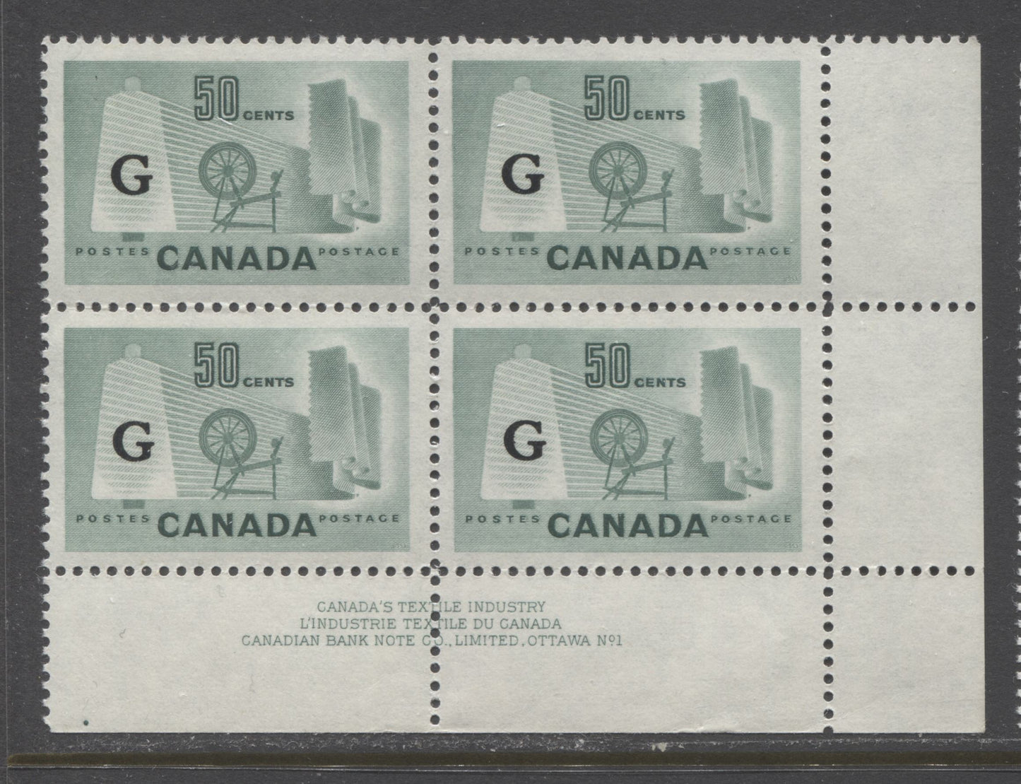 Lot 1 Canada #O38 50c Light Green Textile Industry, 1953 Resource Issue, A VFNH LR Plate 1 Block Of 4 On Smooth/Ribbed Paper With Plate Dot On Selvedge At LR