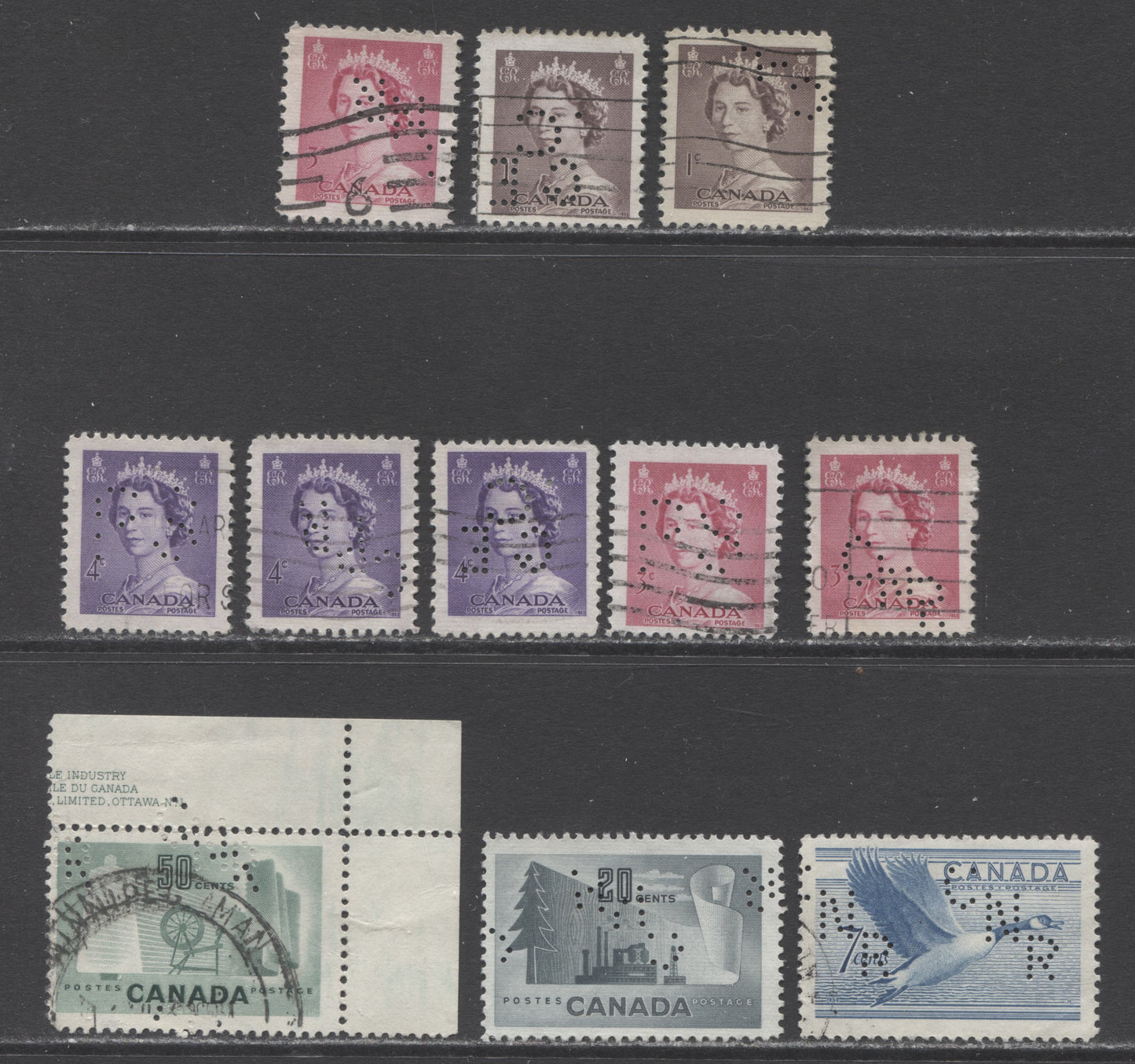 Lot 40 Canada #316-317, 325, 327, 328, 334 1c/50c Violet Brown/Light Green Paper Mill/Queen Elizabeth II /Textiles, 1952-1953 Resource & Karsh Issues, 11 Fine/Very Fine Used Singles Including CPR, CNR, PS & GEC Perfins
