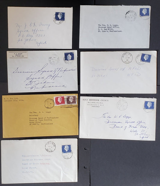 Canada #401as,404bs,405as,405bs 1c,5c Brown,Violet Blue 1962-1963 Queen Elizabeth II - Cameo Issue, 7 Commercial Covers Franked With Booklet & Minature Pane Singles, DF Paper,  Single Usage On Newfoundland Covers, All Small Towns