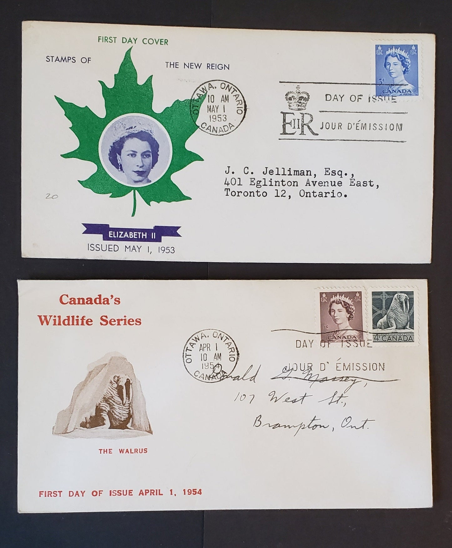Lot 6 Canada #325, 329, 335 1c/5c Violet Brown/Ultramarine Queen Elizabeth II & Walrus 1953-1954 Karsh & Wildlife Issues, 2 Personal A & Personal E Cachets FDC's Franked With Singles, Both Addressed, Cat. Value $11