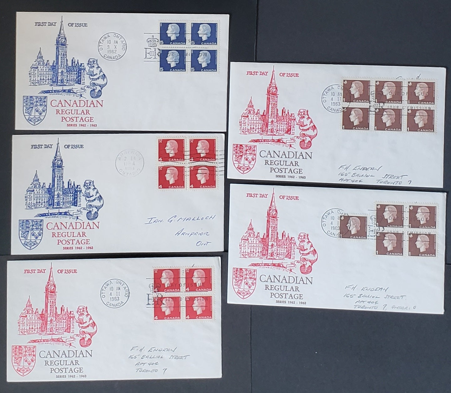 Lot 61 Canada #401,404,405 1c,4c,5c Brown, Carmine,Violet Blue  1962-1963 Queen Elizabeth II - Cameo Issue, 5 Robbins First Day Covers Franked With Singles And Blocks, A & B Cachets,  Most Addressed In Pencil Or Unaddressed. Cat. Value $25